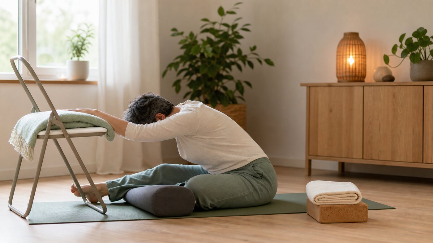 Yoga Thérapie en ambiance cabinet avec posture adaptée
